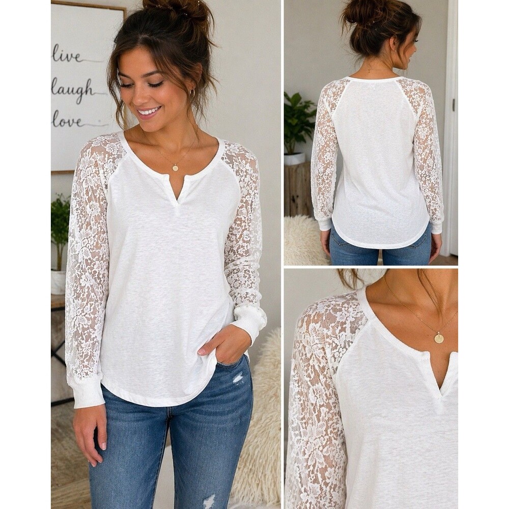 LEI Lace Sleeve Top White Junior L 11/13 Boho Stretch Tee